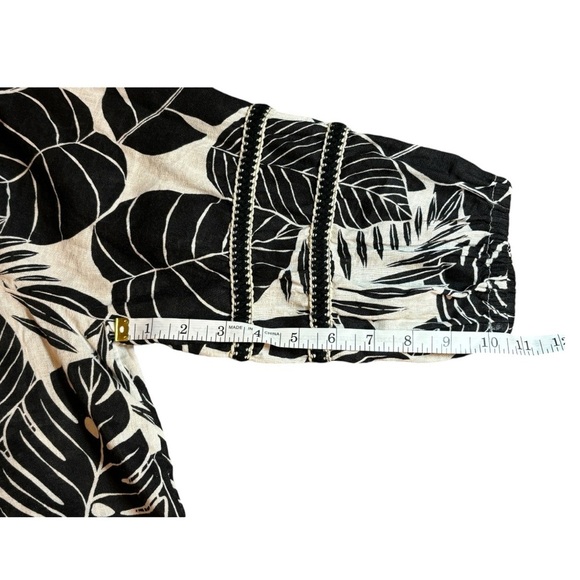 Cynthia Rowley Black & Cream Tropical Print Linen Blend Blouse Sz L - Picture 8 of 11